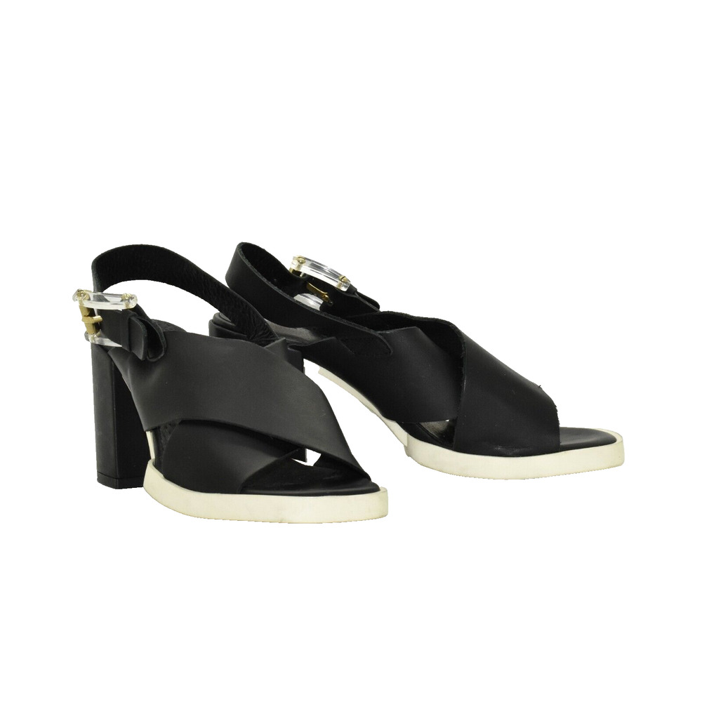 B0 Auth MIISTA Delilah Black Criss Cross Leather Block Heel Sandal Shoes Size 35